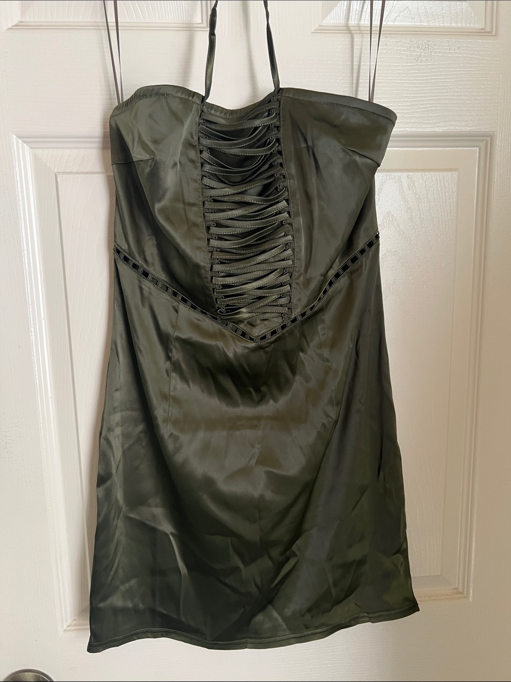 Fashion Nova Olive Green Strapless Satin Lace-Up Slip Dress